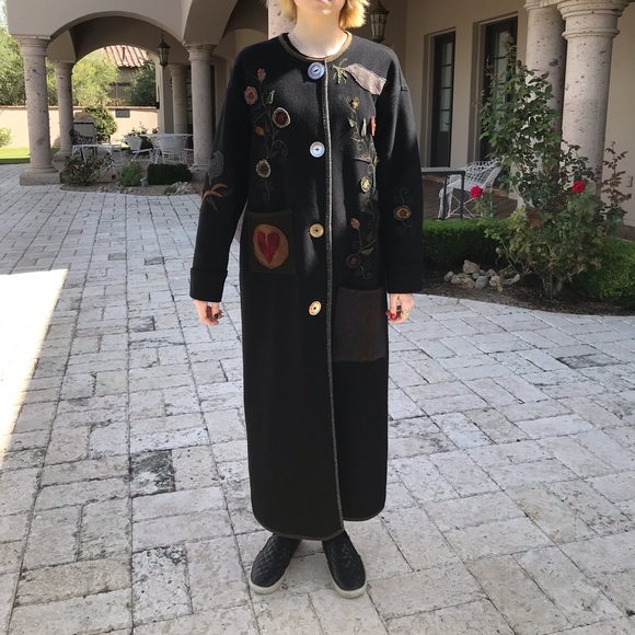 SOLD Custom Long Black Wool Coat with Flower, Bird, Heart Appliques Not sized - Picture 8 of 12